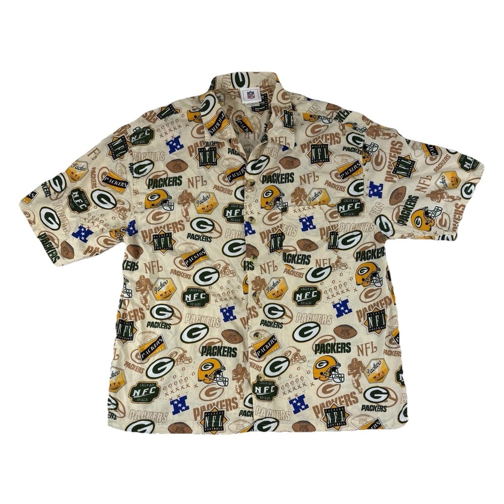 Green Bay Packers Hawaiian Short Sleeve Button Down Shirt Mens XL NFL 100% Rayon